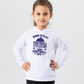 A little girl wearing a white hoodie with the funny football saying that says I love my dad 'Born To Play Football. Raised by a Football Dad!'