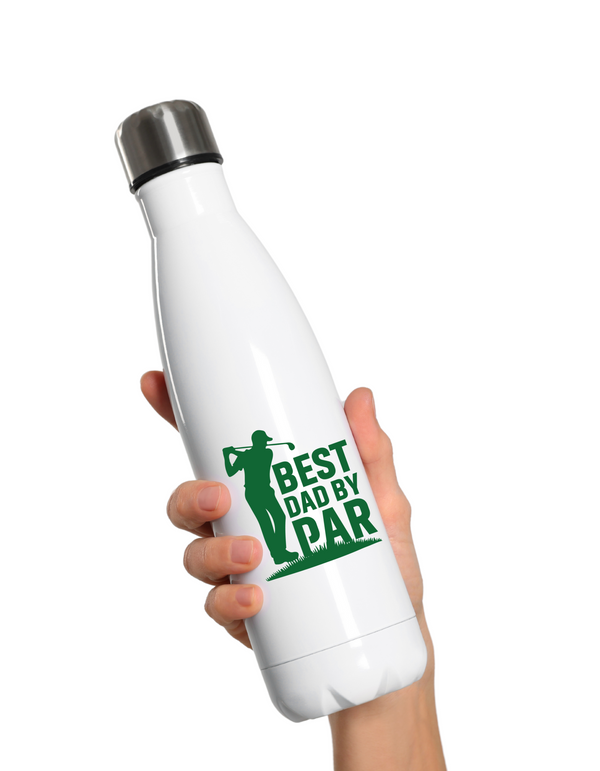 White water bottle with green text and graphic held by a hand on a white background with a Cows Corner slogan, Best dad by par.