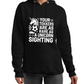 A lady wearing a black hoodie with the funny football and dad loving slogan on the front that reads 'I Get My Tekkers From Dad'