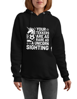 A lady wearing a black hoodie with the funny football and dad loving slogan on the front that reads 'I Get My Tekkers From Dad'