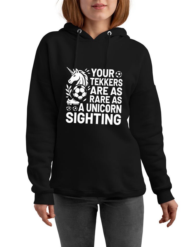 A lady wearing a black hoodie with the funny football and dad loving slogan on the front that reads 'I Get My Tekkers From Dad'