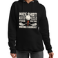 Black hoodie with golf-themed text and graphics worn by a person on a white background