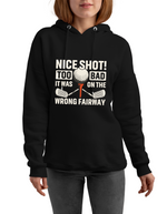 Black hoodie with golf-themed text and graphics worn by a person on a white background