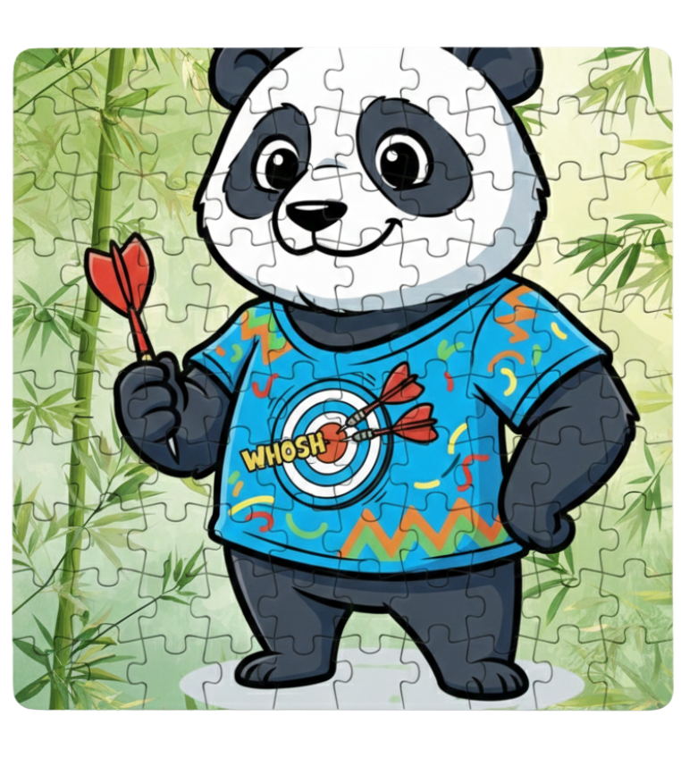 Panda character holding a dart with 'WHOSH' on a jigsaw puzzle. This is a Cows Corner customised jigsaw Cows Corner gifts are perfect for sport-mad fans, these gifts work brilliantly for birthdays, new baby celebrations, Father’s Day, Mother’s Day, Christmas, anniversaries, thank you gifts, end-of-season team awards, graduations, retirements, and just-because moments when you want to raise a smile. 