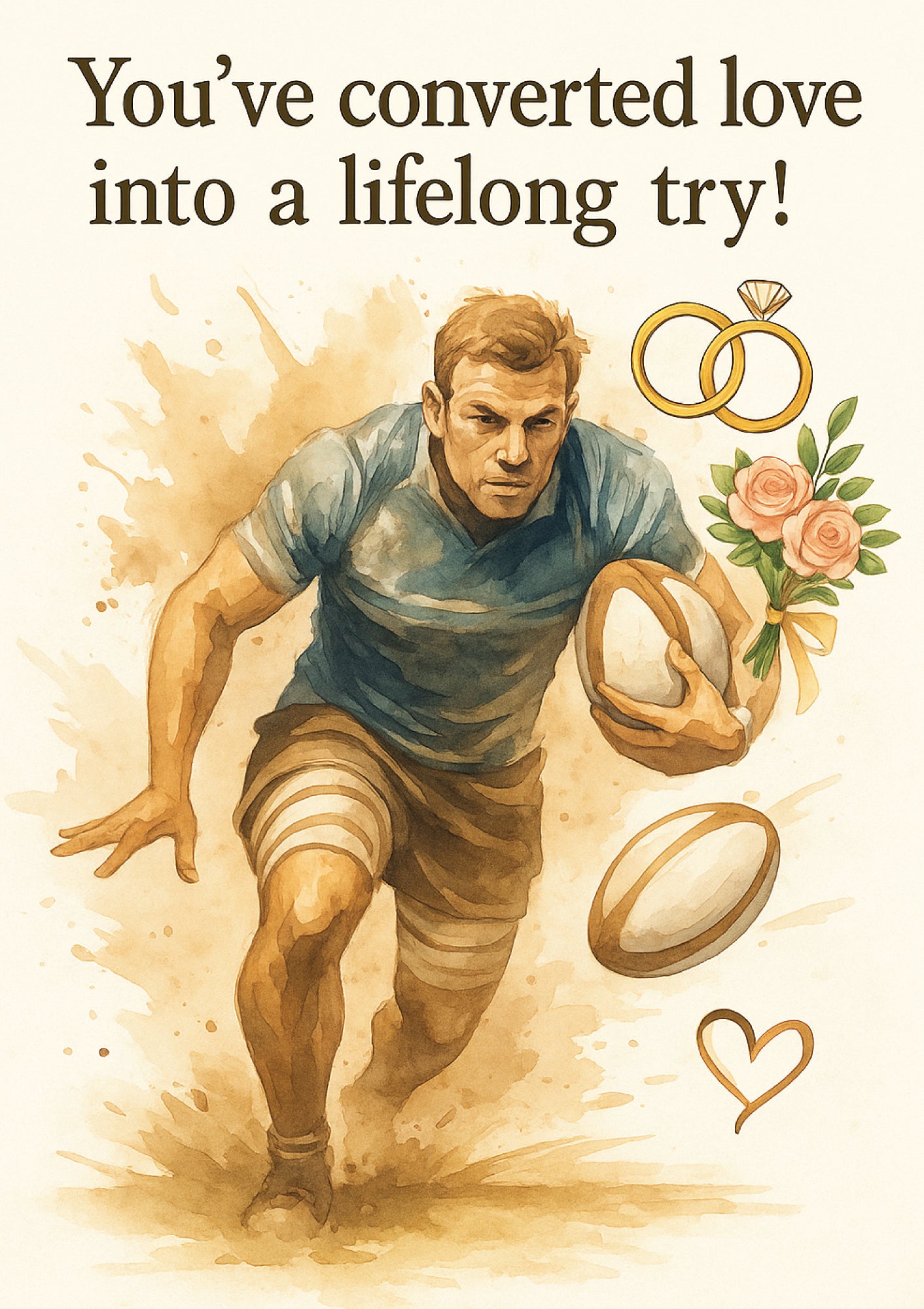 Illustration of a rugby player with a rugby ball, rings, and flowers, accompanied by text 'You've converted love into a lifelong try!'. This is a beautiful Cows Corner Card