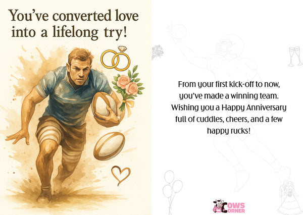 Illustration of a rugby player with a ball, rings, and flowers, accompanied by anniversary wishes. This is a beautiful Cows Corner Card