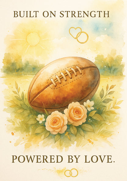 Rugby ball with roses and text 'Built on Strength, Powered by Love' on a yellow background. This is a beautiful Cows Corner Card