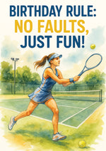 Illustration of a tennis player on a court with text 'Birthday Rule: No Faults, Just Fun!'
