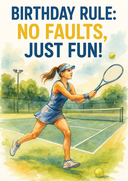 Illustration of a tennis player on a court with text 'Birthday Rule: No Faults, Just Fun!'