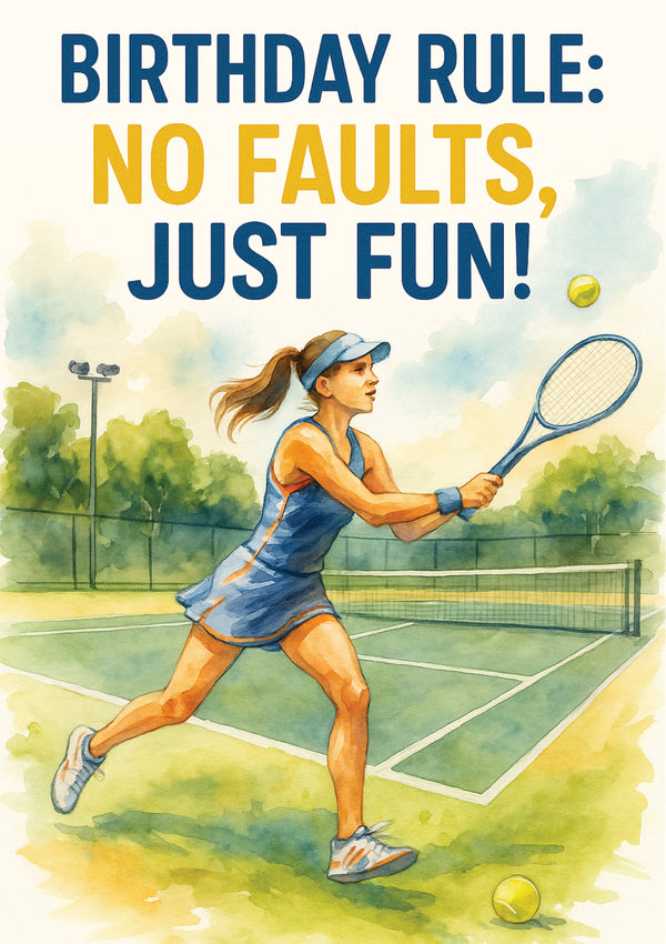 Illustration of a tennis player on a court with text 'Birthday Rule: No Faults, Just Fun!'