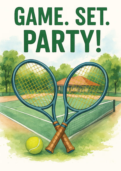 Two tennis rackets and a ball on a tennis court with 'Game. Set. Party!' text above.