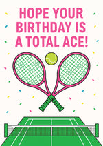 Birthday card with tennis-themed design, crossed rackets, and a ball on a white background from Cows Corner