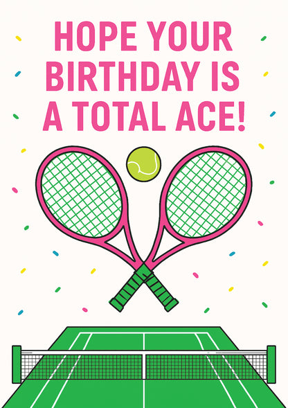 Birthday card with tennis-themed design, crossed rackets, and a ball on a white background from Cows Corner