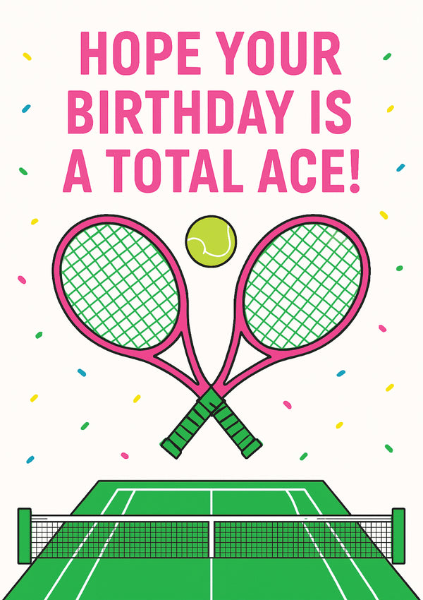 Birthday card with tennis-themed design, crossed rackets, and a ball on a white background from Cows Corner