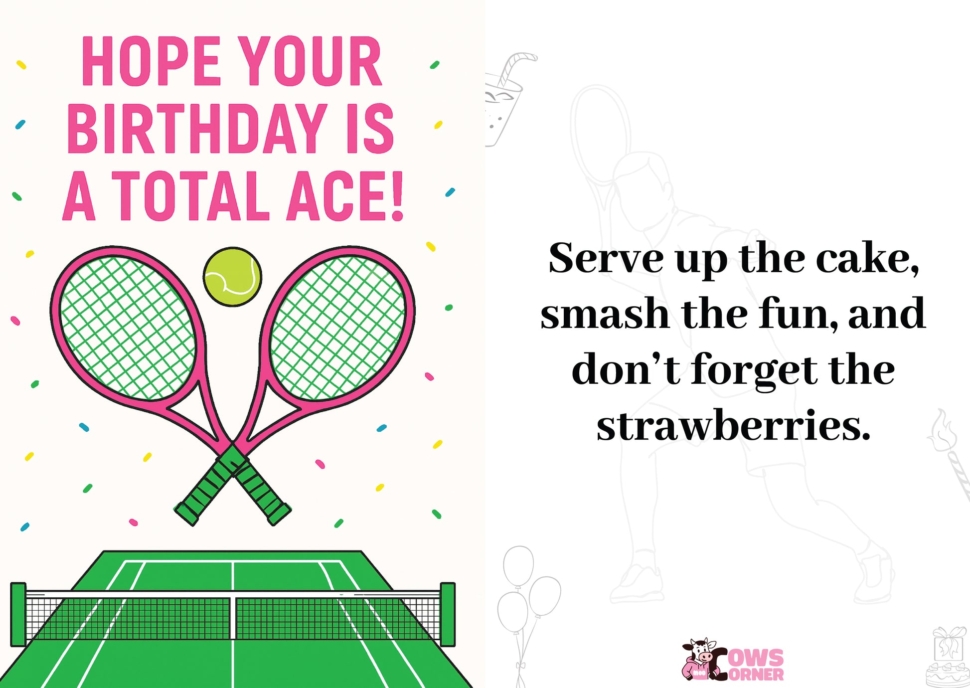 Birthday card with tennis-themed graphics and text on a white background from Cows Corner