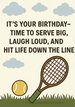 Tennis racket and ball with birthday message on a beige background with clouds from Cows Corner