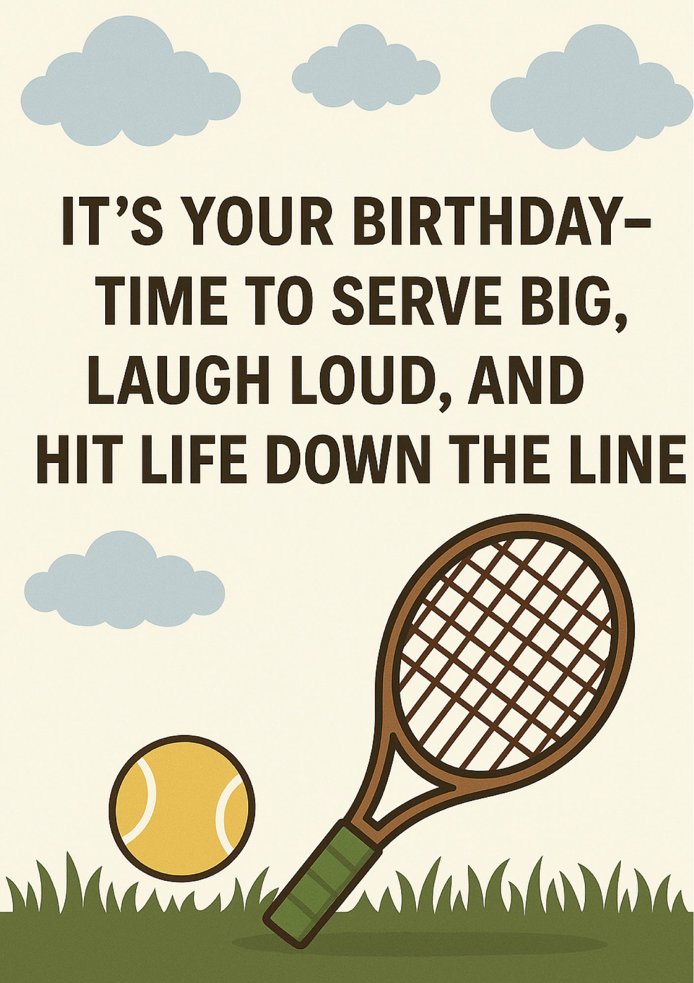 Tennis racket and ball with birthday message on a beige background with clouds from Cows Corner