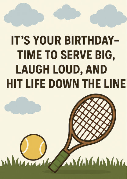 Tennis racket and ball with birthday message on a beige background with clouds from Cows Corner
