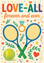 Design with tennis rackets, ball, ring, and 'Love-All forever and ever' text on a colorful background from Cows Corner