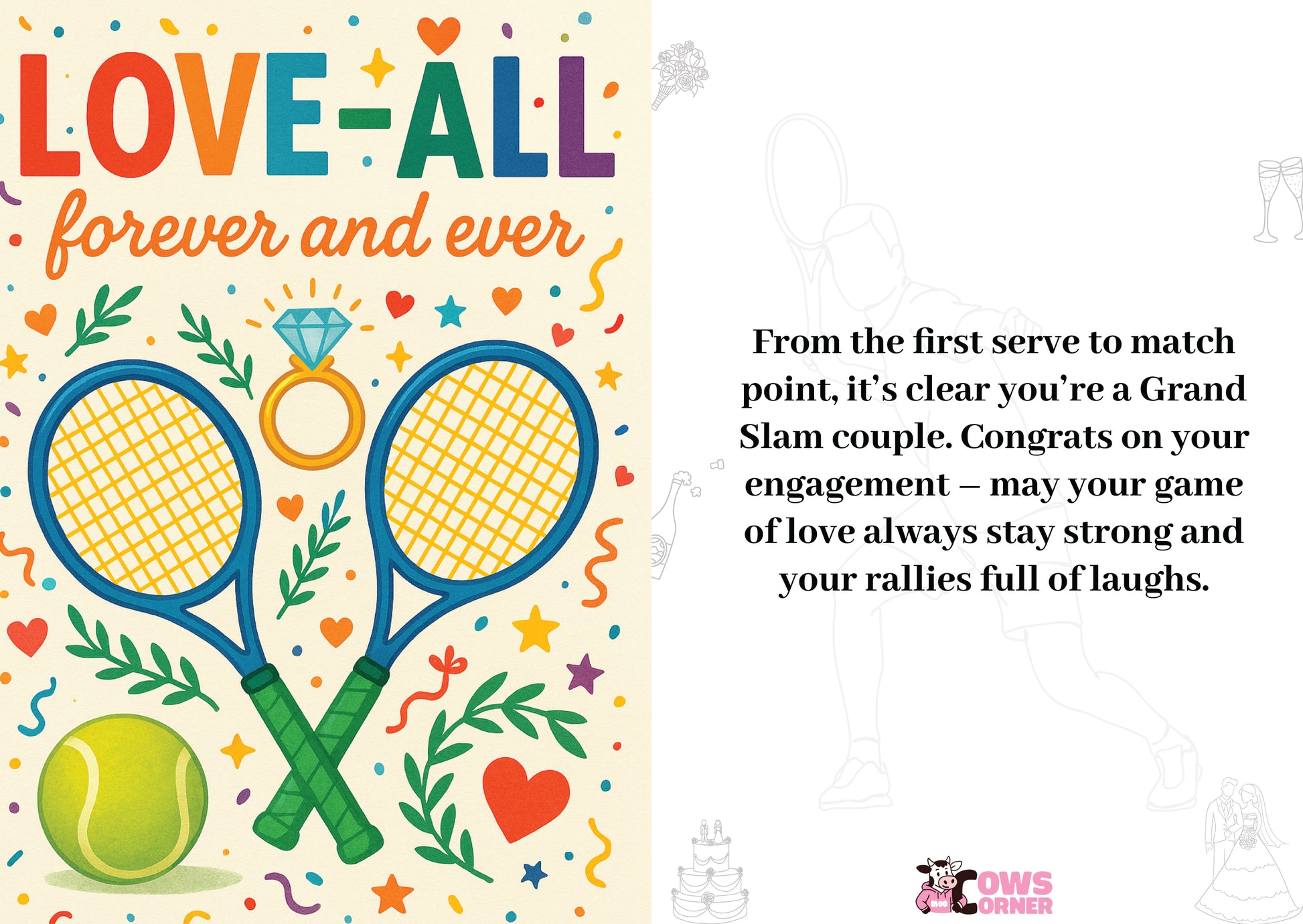 Engagement card with tennis rackets, ball, and colorful text on a white background from Cows Corner