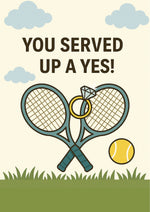 Card with tennis rackets, ball, and 'You served up a yes!' text on a grass and cloud background from Cows Corner
