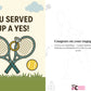 Engagement card with tennis rackets, ball, and rings on a grassy background from Cows Corner