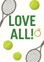 Tennis-themed design with rackets, balls, and a ring on a white background from Cows Corner