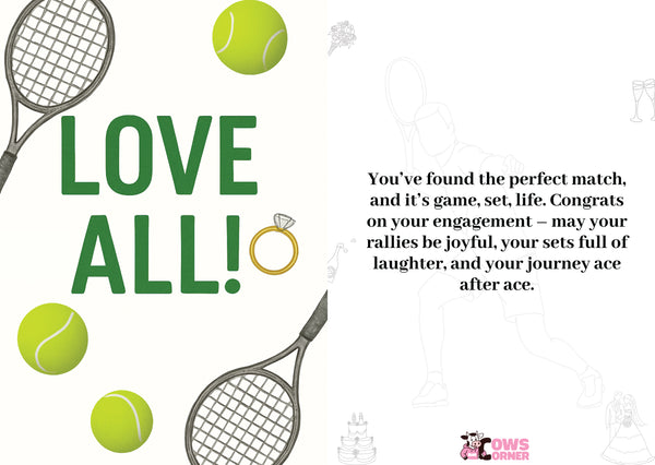Engagement announcement with tennis-themed graphics, including rackets and balls, on a white background from Cows Corner