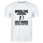 White t-shirt with black text and graphic on a white background with a Cows Corner slogan saying White I die, bury me on the golf course so my husband will visit. 
