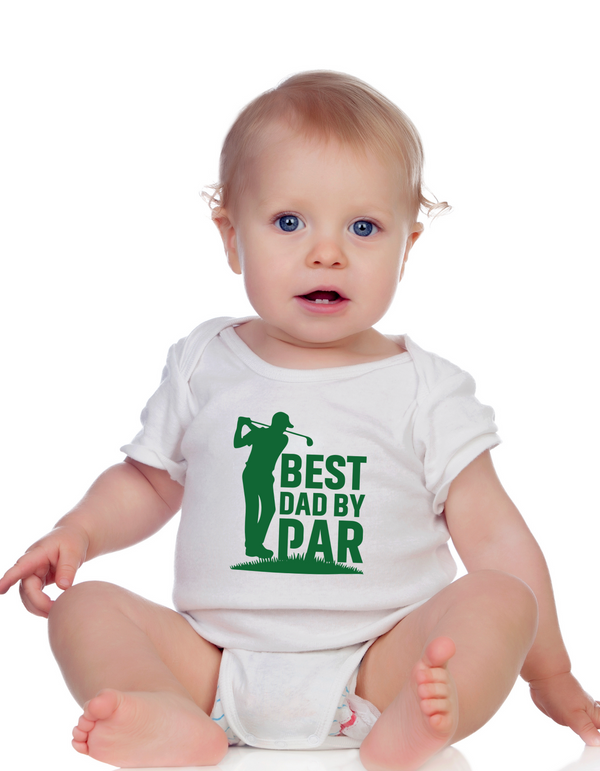 Baby wearing a white onesie with a green graphic and text on a white background with a Cows Corner slogan, Best dad by par.