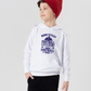 A boy wearing a white hoodie with the funny football saying that says I love my dad 'Born To Play Football. Raised by a Football Dad!'