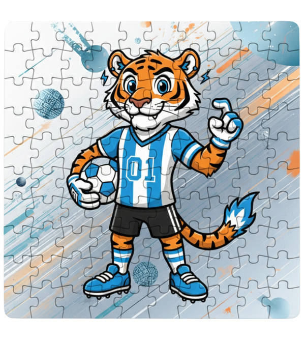 Puzzle with a tiger mascot character in sports attire on a light blue background. This is a Cows Corner customised jigsaw Cows Corner gifts are perfect for sport-mad fans, these gifts work brilliantly for birthdays, new baby celebrations, Father’s Day, Mother’s Day, Christmas, anniversaries, thank you gifts, end-of-season team awards, graduations, retirements, and just-because moments when you want to raise a smile. 