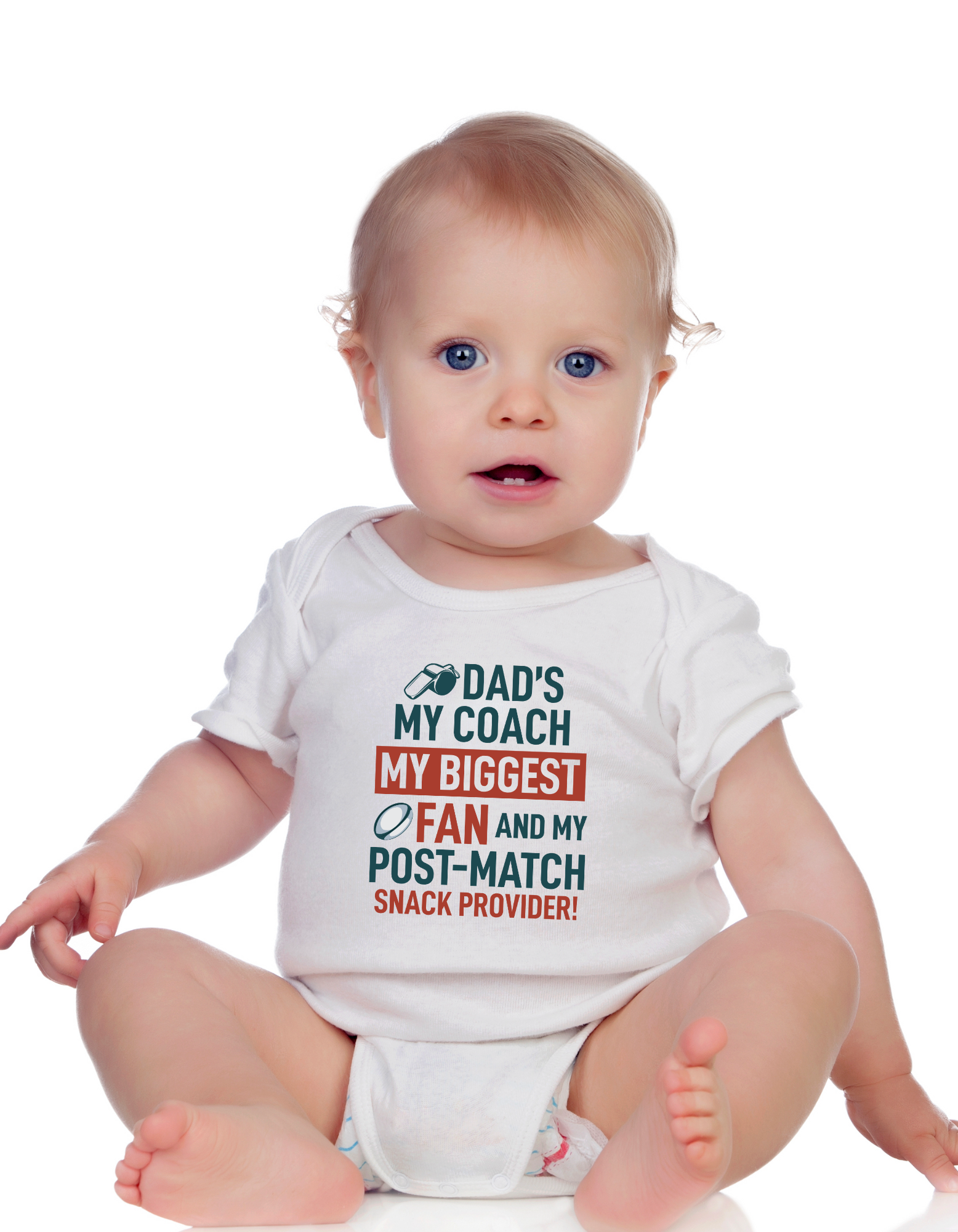 Baby wearing a white onesie with text on a white background, with a slogan on the front saying 'Dad’s My Coach My Biggest Fan and My Post-Match Snack Provider!