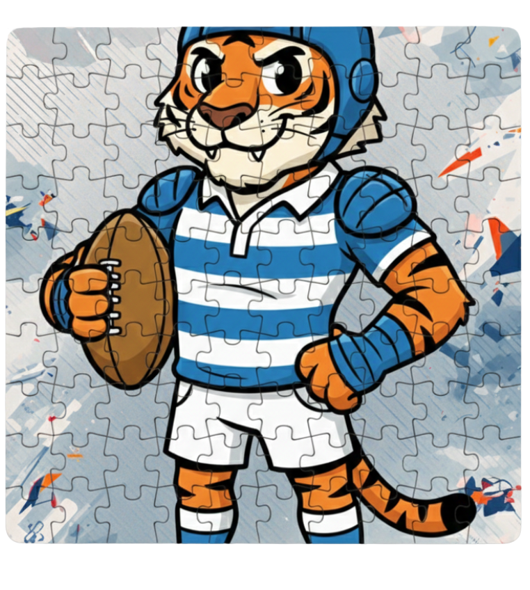 Jigsaw puzzle with a tiger mascot holding a football on a light blue background. This is a Cows Corner customised jigsaw Cows Corner gifts are perfect for sport-mad fans, these gifts work brilliantly for birthdays, new baby celebrations, Father’s Day, Mother’s Day, Christmas, anniversaries, thank you gifts, end-of-season team awards, graduations, retirements, and just-because moments when you want to raise a smile. 