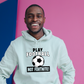 A man wearing a white hoodie with the funny football slogan written on the front that reads 'Play Football Not Fortnite!