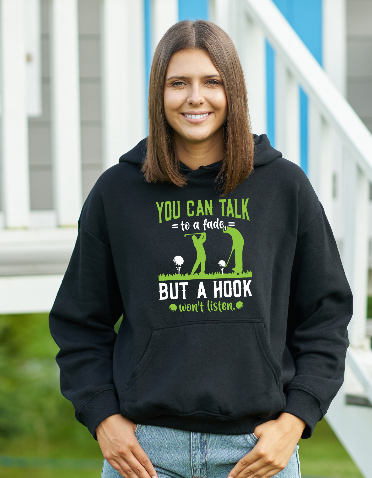 Woman wearing a black hoodie with a humorous graphic and text - You Can Talk to a Fade but a Hook Won’t Listen