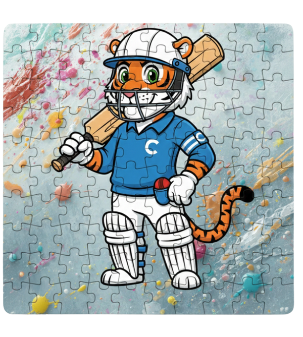 Jigsaw puzzle with a tiger character in cricket gear on a colorful background. This is a Cows Corner customised jigsaw Cows Corner gifts are perfect for sport-mad fans, these gifts work brilliantly for birthdays, new baby celebrations, Father’s Day, Mother’s Day, Christmas, anniversaries, thank you gifts, end-of-season team awards, graduations, retirements, and just-because moments when you want to raise a smile. 
