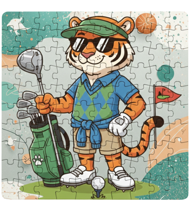 Jigsaw puzzle with a cartoon tiger golf player on a colorful background. This is a Cows Corner customised jigsaw Cows Corner gifts are perfect for sport-mad fans, these gifts work brilliantly for birthdays, new baby celebrations, Father’s Day, Mother’s Day, Christmas, anniversaries, thank you gifts, end-of-season team awards, graduations, retirements, and just-because moments when you want to raise a smile. 