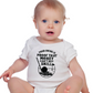 Baby wearing a white onesie with a humorous graphic and text.