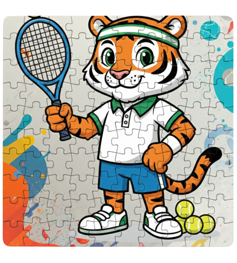Jigsaw puzzle with a cartoon tiger character holding a tennis racket and tennis balls on a light gray background. This is a Cows Corner customised jigsaw Cows Corner gifts are perfect for sport-mad fans, these gifts work brilliantly for birthdays, new baby celebrations, Father’s Day, Mother’s Day, Christmas, anniversaries, thank you gifts, end-of-season team awards, graduations, retirements, and just-because moments when you want to raise a smile. 