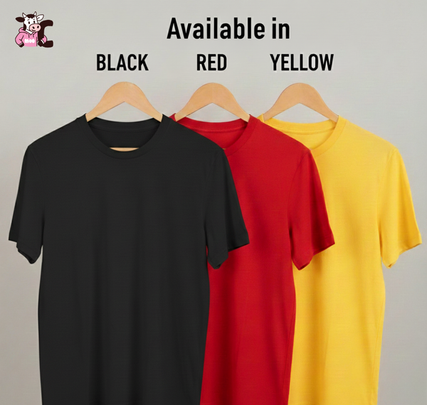 Black, red, and yellow t-shirts on hangers with text indicating color availability that indicates and what colours you can print Cows Corner funny cricket, football, Tennis, golf, rugby and Darts slogans on - the perfect gift for all sports fans and perfect for birthdays, Christmas and christenings or just a thoughtful gift.