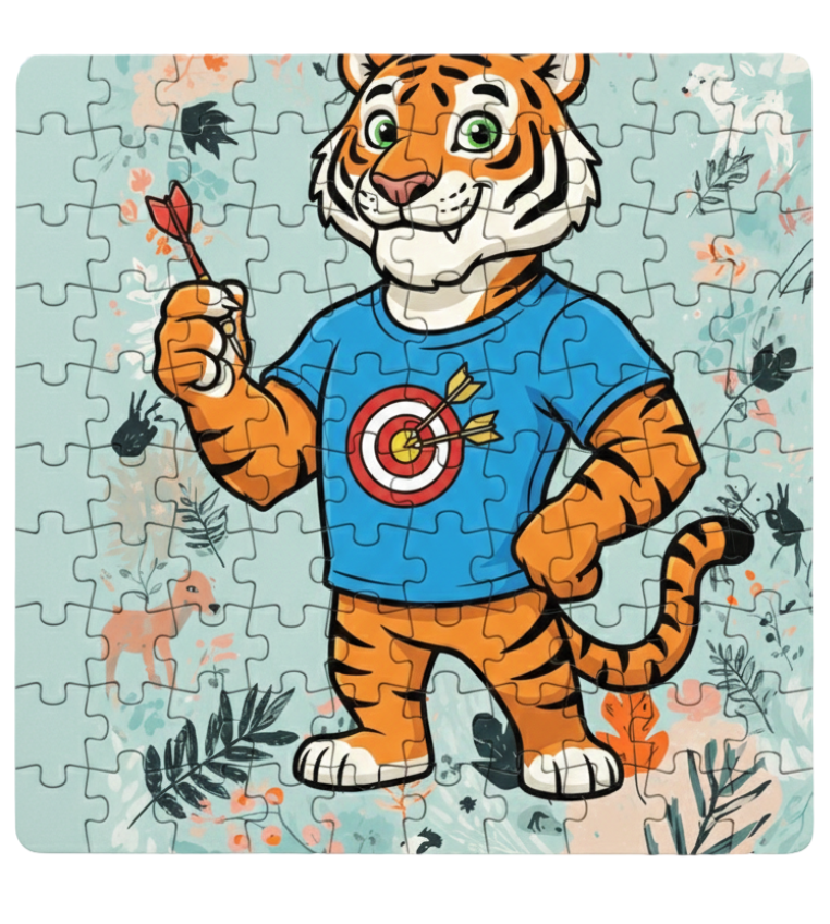 Jigsaw puzzle with a tiger character holding an arrow, on a light blue background with floral elements. This is a Cows Corner customised jigsaw Cows Corner gifts are perfect for sport-mad fans, these gifts work brilliantly for birthdays, new baby celebrations, Father’s Day, Mother’s Day, Christmas, anniversaries, thank you gifts, end-of-season team awards, graduations, retirements, and just-because moments when you want to raise a smile. 