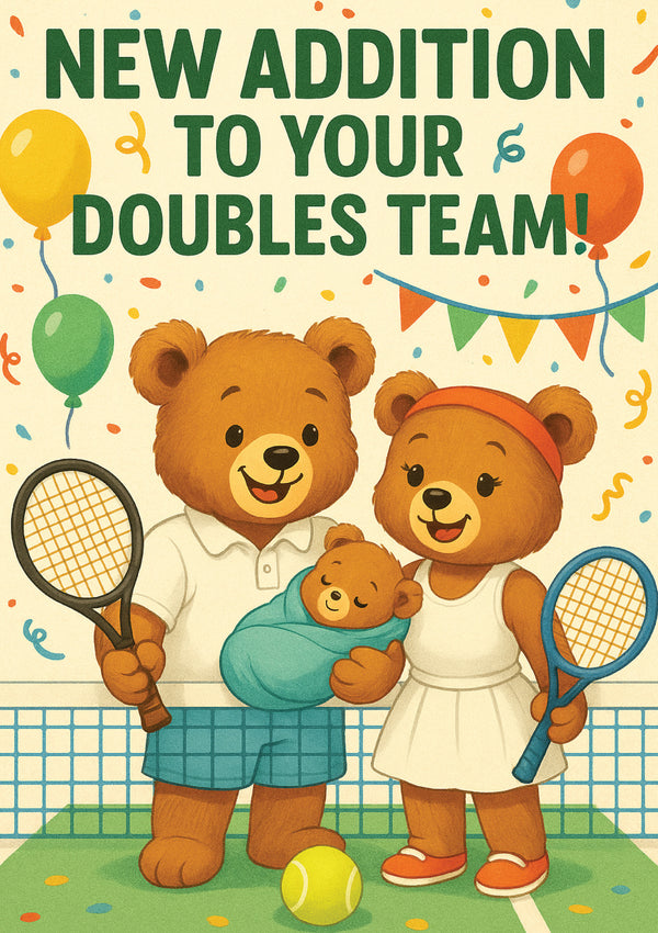 Two teddy bears on a tennis court with text 'New Addition to Your Doubles Team!' and balloons from Cows Corner