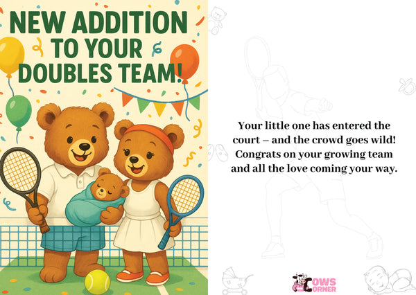 Cartoon bears holding tennis rackets with text about a new addition to a doubles team on a colourful background from Cows Corner