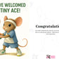 Illustration of a mouse holding a tennis racket and ball with text congratulating a new baby on a white background from Cows Corner