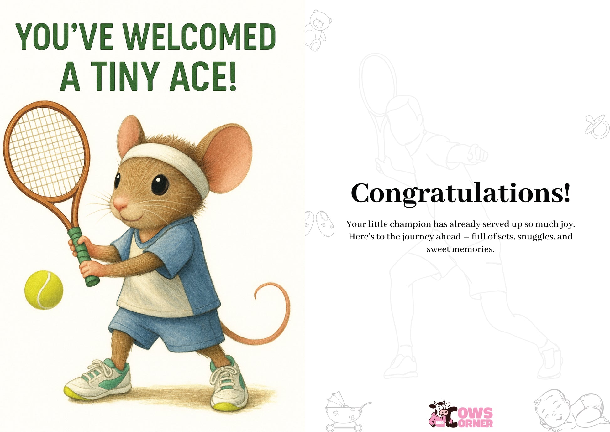 Illustration of a mouse holding a tennis racket and ball with text congratulating a new baby on a white background from Cows Corner