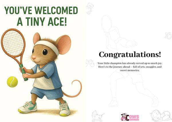 Illustration of a mouse holding a tennis racket and ball with text congratulating a new baby on a white background from Cows Corner