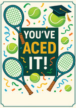 Graduation-themed poster with tennis elements and 'You've Aced It!' text. A Cows Corner personalised card