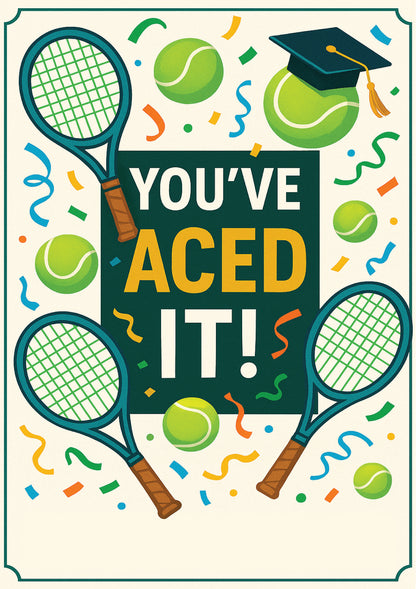 Graduation-themed poster with tennis elements and 'You've Aced It!' text. A Cows Corner personalised card