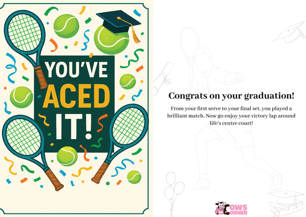 Graduation-themed poster with tennis elements and text 'You've aced it!' on a white background.  A Cows Corner personalised card